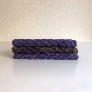Set of 3 100% cotton hand knit washcloths - purple and green